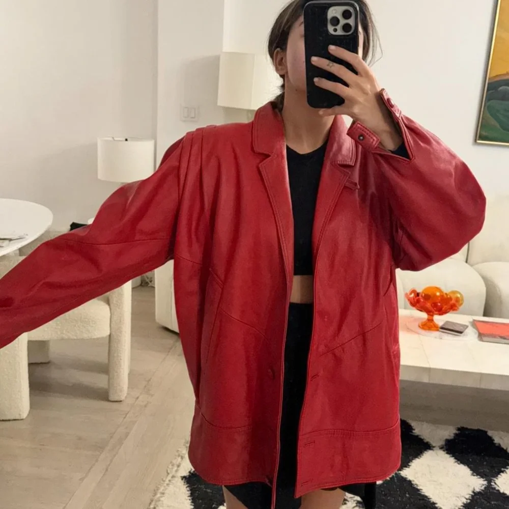 vintage red leather european moto oversized jacket